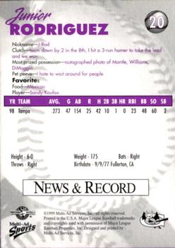 1999 Multi-Ad Greensboro Bats #20 Junior Rodriguez Back