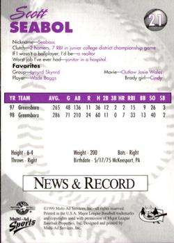 1999 Multi-Ad Greensboro Bats #21 Scott Seabol Back