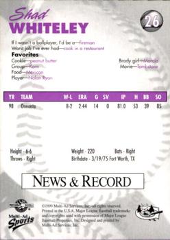 1999 Multi-Ad Greensboro Bats #26 Shad Whiteley Back