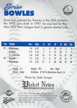 1999 Multi-Ad Hagerstown Suns #1 Brian Bowles Back