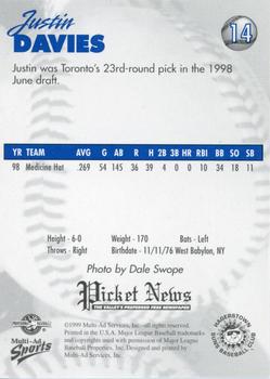 1999 Multi-Ad Hagerstown Suns #14 Justin Davies Back