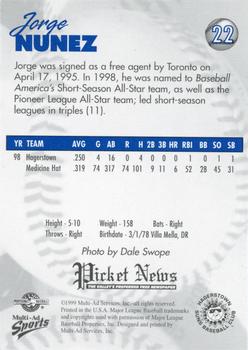 1999 Multi-Ad Hagerstown Suns #22 Jorge Nunez Back