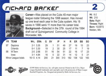 1999 Multi-Ad Iowa Cubs #2 Richard Barker Back