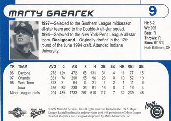 1999 Multi-Ad Iowa Cubs #9 Marty Gazarek Back