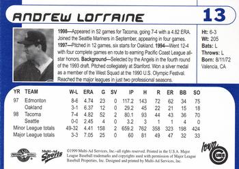 1999 Multi-Ad Iowa Cubs #13 Andrew Lorraine Back