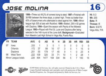 1999 Multi-Ad Iowa Cubs #16 Jose Molina Back