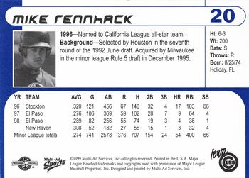 1999 Multi-Ad Iowa Cubs #20 Mike Rennhack Back