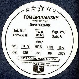 1988 Master Bread Discs Minnesota Twins #NNO Tom Brunansky Back
