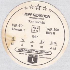 1988 Master Bread Discs Minnesota Twins #NNO Jeff Reardon Back