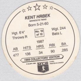 1988 Master Bread Discs Minnesota Twins #NNO Kent Hrbek Back