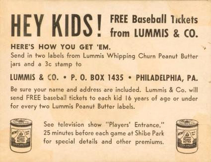 1949 Lummis Peanut Butter Philadelphia Phillies #NNO Schoolboy Rowe Back
