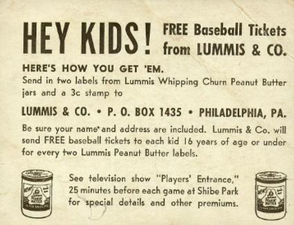 1949 Lummis Peanut Butter Philadelphia Phillies #NNO Curt Simmons Back
