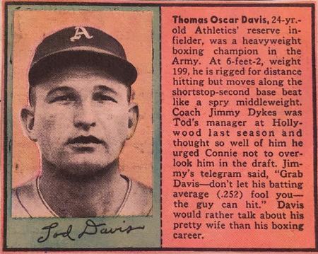 1949 Philadelphia Bulletin Athletics/Phillies #NNO Tod Davis Front