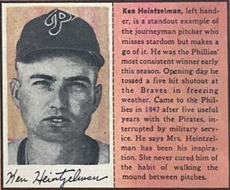 1949 Philadelphia Bulletin Athletics/Phillies #NNO Ken Heintzelman Front
