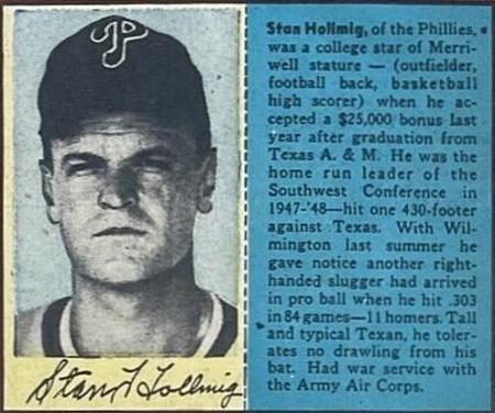 1949 Philadelphia Bulletin Athletics/Phillies #NNO Stan Hollmig Front