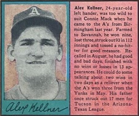 1949 Philadelphia Bulletin Athletics/Phillies #NNO Alex Kellner Front