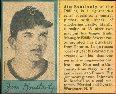 1949 Philadelphia Bulletin Athletics/Phillies #NNO Jim Konstanty Front