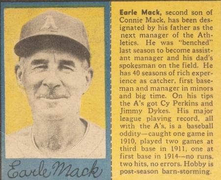 1949 Philadelphia Bulletin Athletics/Phillies #NNO Earle Mack Front