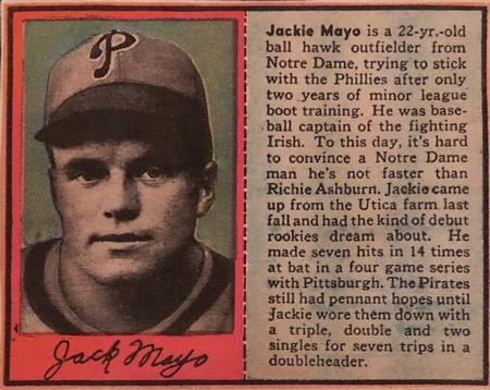 1949 Philadelphia Bulletin Athletics/Phillies #NNO Jackie Mayo Front