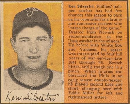 1949 Philadelphia Bulletin Athletics/Phillies #NNO Ken Silvestri Front