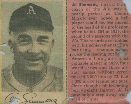 1949 Philadelphia Bulletin Athletics/Phillies #NNO Al Simmons Front