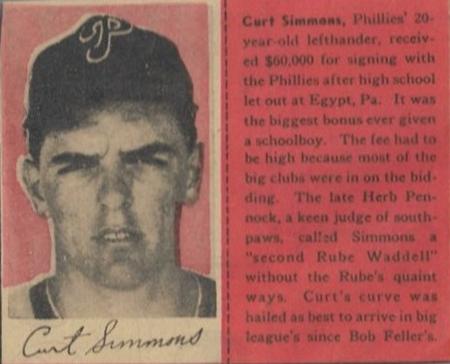 1949 Philadelphia Bulletin Athletics/Phillies #NNO Curt Simmons Front