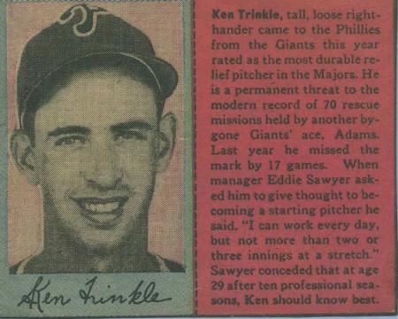 1949 Philadelphia Bulletin Athletics/Phillies #NNO Ken Trinkle Front