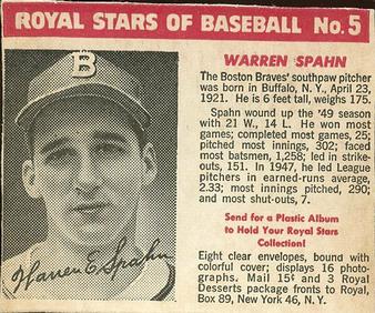 1950-52 Royal Stars of Baseball #5 Warren Spahn Front