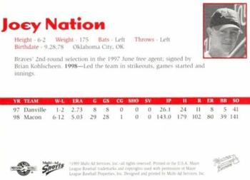 1999 Multi-Ad Macon Braves #NNO Joey Nation Back