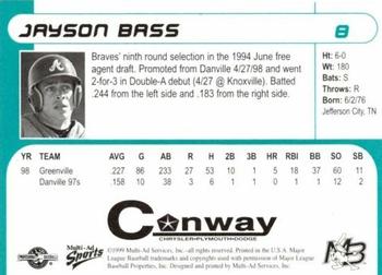 1999 Multi-Ad Myrtle Beach Pelicans #8 Jayson Bass Back