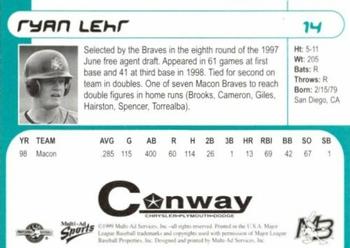1999 Multi-Ad Myrtle Beach Pelicans #14 Ryan Lehr Back