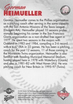 1999 Multi-Ad Reading Phillies Update #27 Gorman Heimueller Back