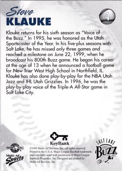 1999 Multi-Ad Salt Lake Buzz #4 Steve Klauke Back