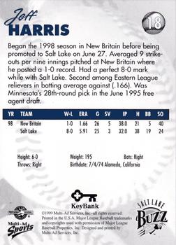 1999 Multi-Ad Salt Lake Buzz #18 Jeff Harris Back
