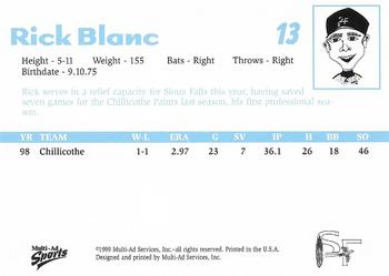 1999 Multi-Ad Sioux Falls Canaries #NNO Rick Blanc Back