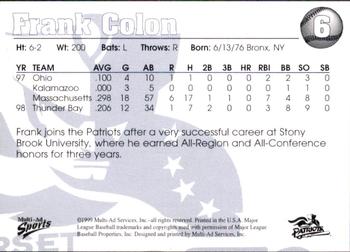 1999 Multi-Ad Somerset Patriots #6 Frank Colon Back