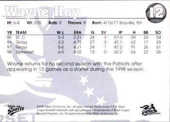 1999 Multi-Ad Somerset Patriots #12 Wayne Hoy Back
