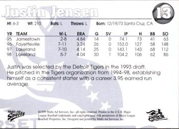 1999 Multi-Ad Somerset Patriots #13 Justin Jensen Back