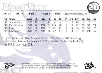 1999 Multi-Ad Somerset Patriots #20 Lipso Nava Back