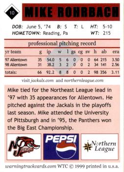 1999 Warning Track New Jersey Jackals #10 Mike Rohrbach Back