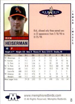 1999 Memphis Redbirds #8 Rick Heiserman Back