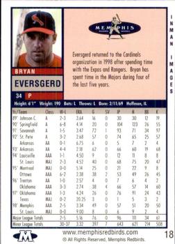 1999 Memphis Redbirds #18 Bryan Eversgerd Back