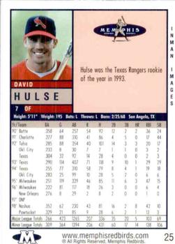 1999 Memphis Redbirds #25 David Hulse Back