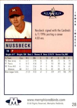 1999 Memphis Redbirds #28 Mark Nussbeck Back