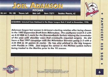 1999 Blueline Pawtucket Red Sox #6 Joel Adamson Back