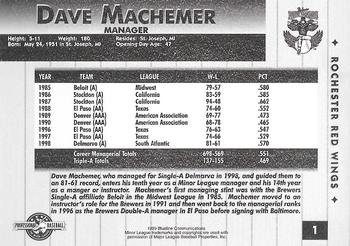 1999 Blueline Rochester Red Wings #1 Dave Machemer Back