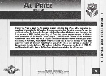 1999 Blueline Rochester Red Wings #4 Al Price Back