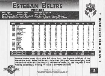 1999 Blueline Rochester Red Wings #5 Esteban Beltre Back