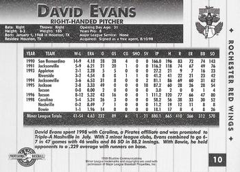 1999 Blueline Rochester Red Wings #10 David Evans Back