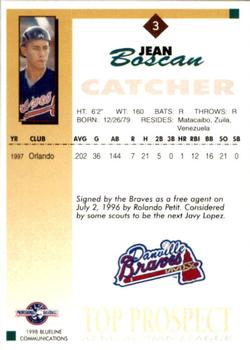 1998 Blueline Q-Cards Appalachian League Top Prospects #3 Jean Boscan Back